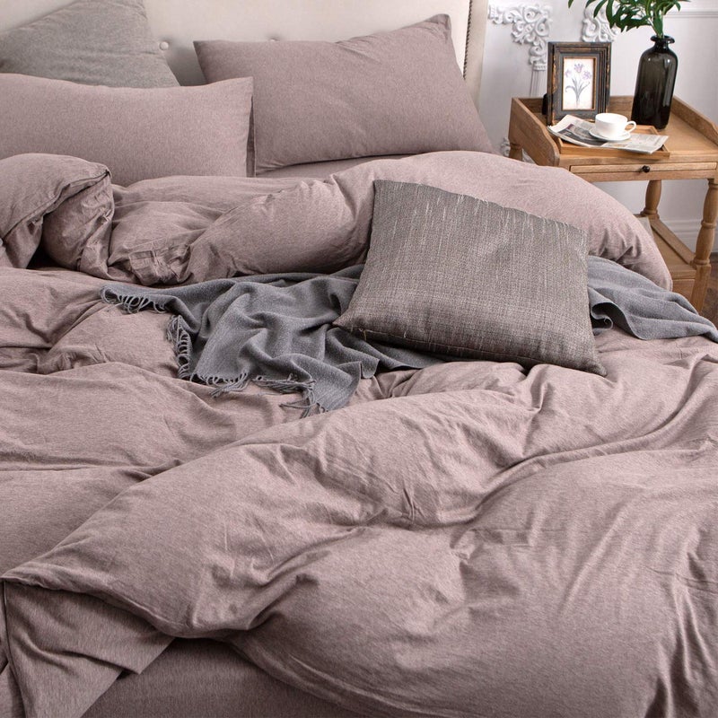 PURE ERA Jersey Knit Duvet Cover Set 100% T-Shirt Cotton Super Soft Comfy 3pc Bedding Set with Zipper Closure (Heather Brown, Queen) - Image 4