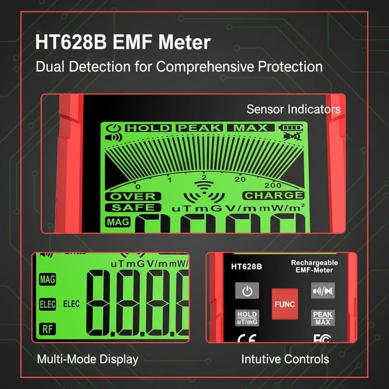 Ht628A Emf Meter, Handheld 3-in-1 Electromagnetic Field Radiation Detector, Dual Testing for Electric and Strong Attachment Fields, Ce & Fcc Verified, Trend Graph, Data Lock - Image 4