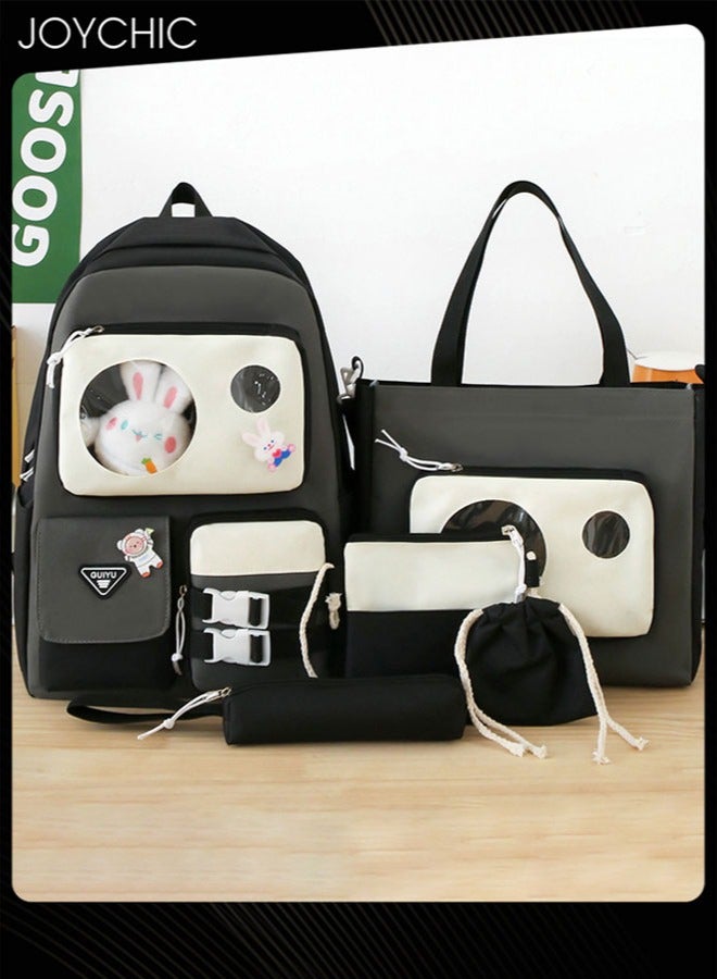 جوي شيك 5 قطع من حقائب الظهر المدرسية للأطفال متعددة الجيوب وحقيبة كتب كبيرة السعة مع مقصورات مقاومة للماء والتآكل مجموعات حقائب الظهر للأطفال المراهقين وطلاب المدارس الابتدائية (أسود) - Image 1