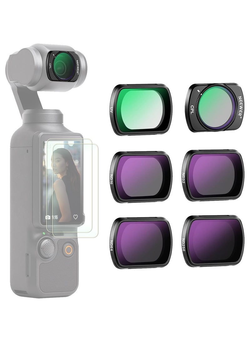 Neewer DJI OSMO Pocket 4 Pocket 3 Magnetic ND CPL UV Filter Set Compatible with DJI OSMO Pocket 3 Pocket 4 Creator Combo Accessories, Action Camera 6 Pack (CPL UV ND16 ND32 ND64 ND256) and two AR Screen Protectors, Neutral Density & Polarizing & UV Protective Filters （CPL UV ND16 ND32 ND64 ND256) and two AR Screen Protectors - Image 1