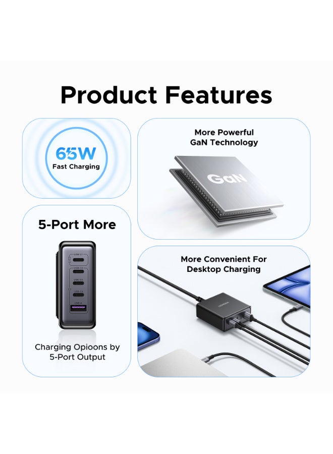 يو جرين شاحن 65 واط إجمالي USB نوع C GaN 4C1A شاحن سطح مكتب سريع محول شحن سريع قابس حائط موفر للمساحة شحن آمن متعدد الأجهزة يدعم التوافق مع ماك بوك آيفون 17 سلسلة سامسونج جالاكسي - Image 2