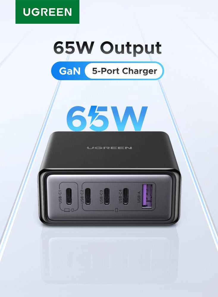 Total 65W Charger USB Type C GaN 4C1A Fast Desktop Charger Fast Charging Adapter Wall Plug Space Saving Safe Charging Multi-Devices Supports Compatible With MacBook iPhone 17 Series Samsung Galaxy