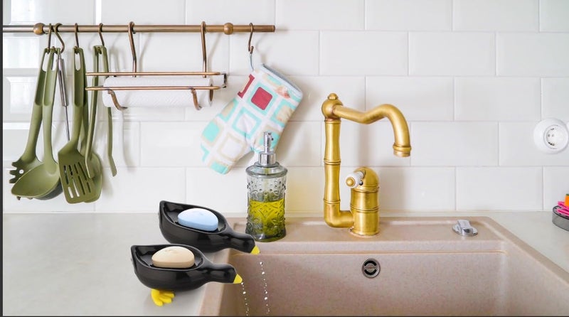 FLYMORE Duck-Shape Self Draining Soap Dish Holder, Easy Clean Soap Dish for Shower with Suction Cup Creative soap Box, for Bathroom, Kitchen, Bathtub, Wash basins (Black,Plastic, Pack of 2) - Image 4