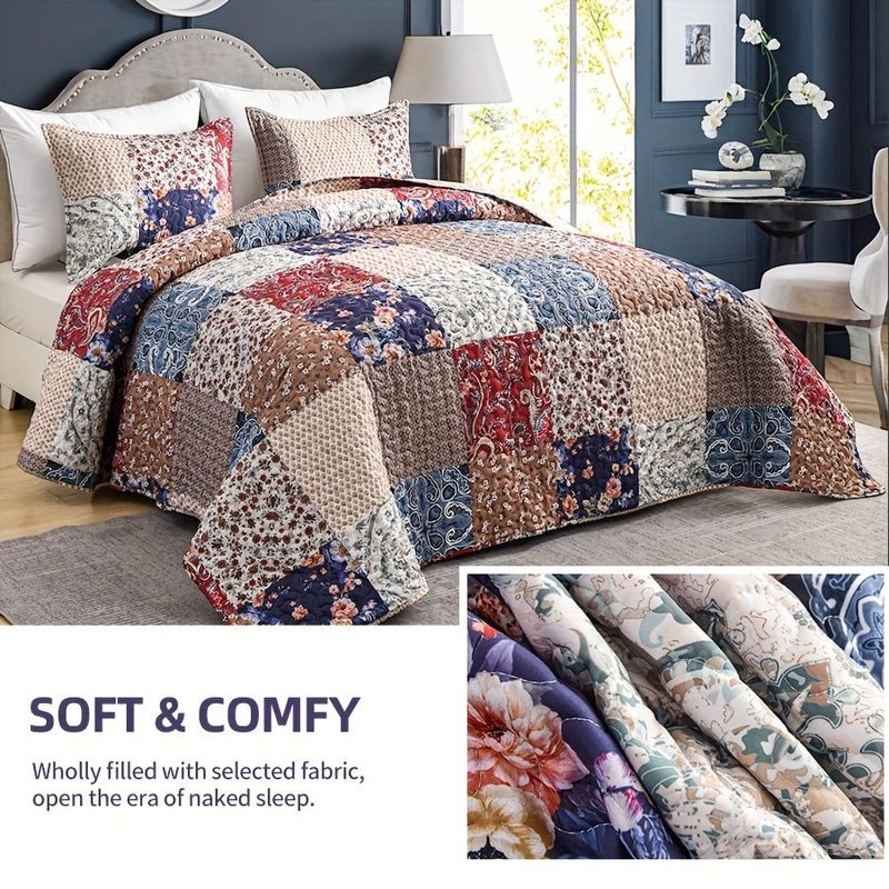 Quilt Set Floral Block Pattern Oversized King Bedspread Bedding Quilted Comforter 2 Pieces Soft Polyester Microfiber All Season Bed Cover With Pillowcase - Image 4