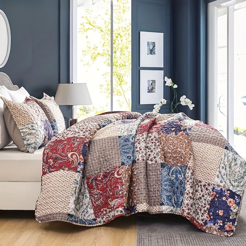 Quilt Set Floral Block Pattern Oversized King Bedspread Bedding Quilted Comforter 2 Pieces Soft Polyester Microfiber All Season Bed Cover With Pillowcase - Image 1