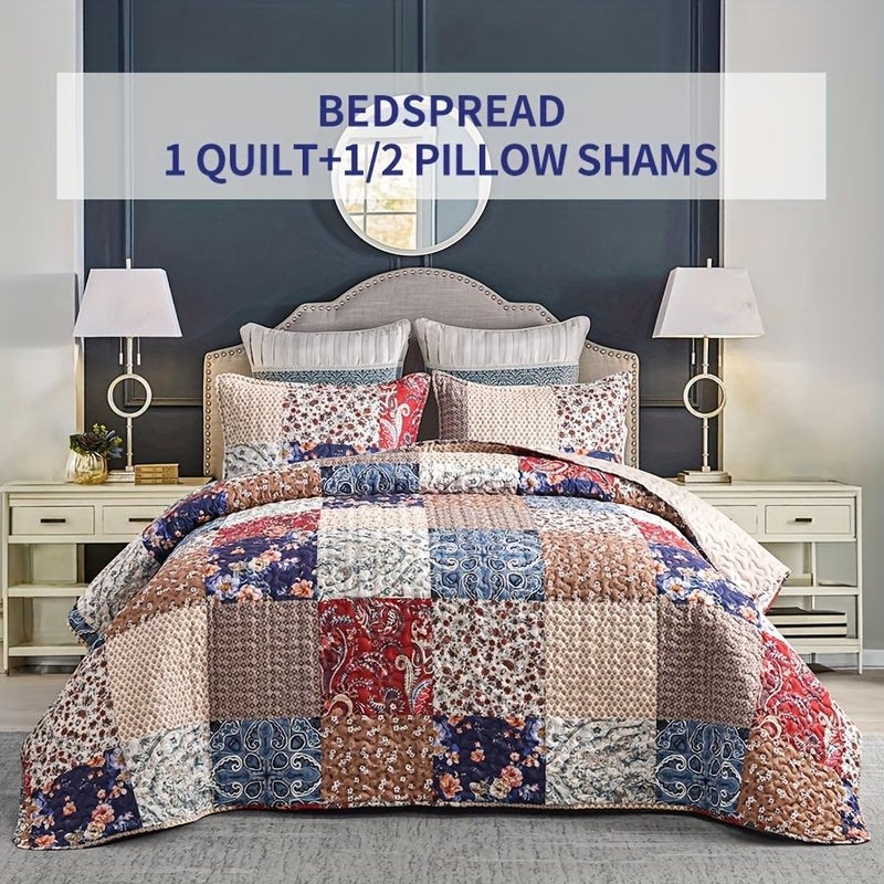 Quilt Set Floral Block Pattern Oversized King Bedspread Bedding Quilted Comforter 2 Pieces Soft Polyester Microfiber All Season Bed Cover With Pillowcase - Image 3