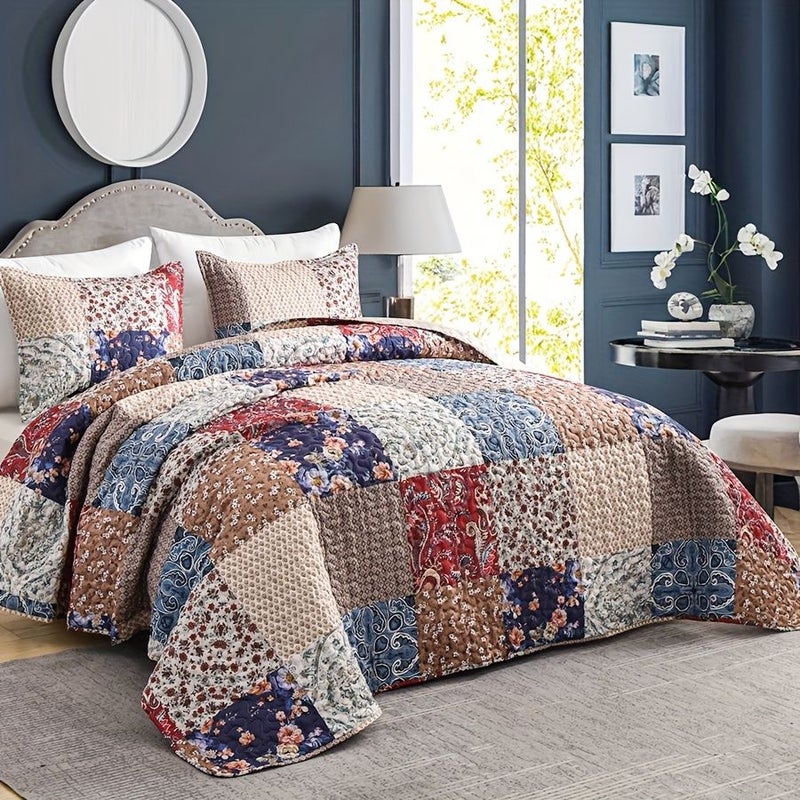 Quilt Set Floral Block Pattern Oversized King Bedspread Bedding Quilted Comforter 2 Pieces Soft Polyester Microfiber All Season Bed Cover With Pillowcase - Image 2