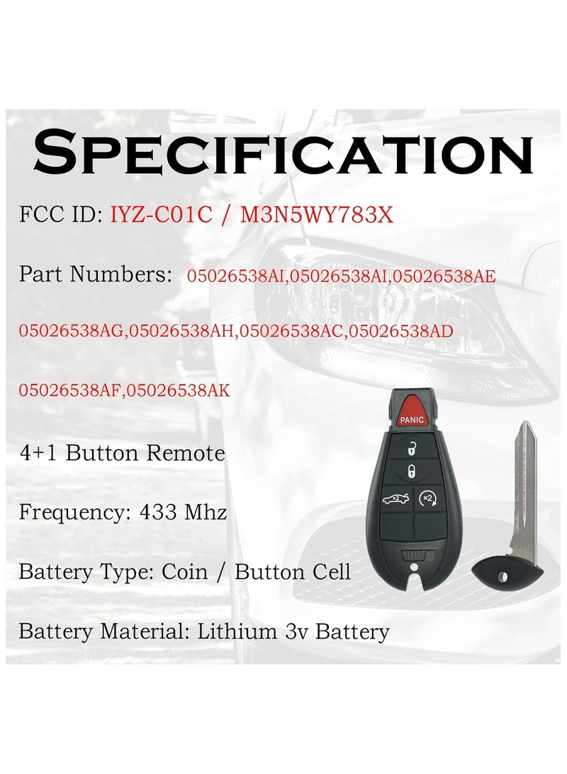TLAXCA Pack of 2 Remote Key Fob FOBIK Replacement Fits for Dodge Challenger 2008 2009 2010 2011 2012 2013 2014 Charger 2009-2013 Durango 2009-2013 Chrysler 300 IYZ-C01C Keyless Entry Remote Start Control 433MHZ - Image 3