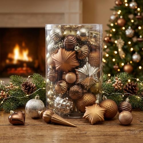 Valery Madelyn 60ct Christmas Tree Decorations Ball Ornament Set Bronze Copper Brown Gold Shatterproof Hanging Ornaments Bulk for Fall Thanksgiving Autumn Harvest Xmas Holiday Party Decor - Image 1