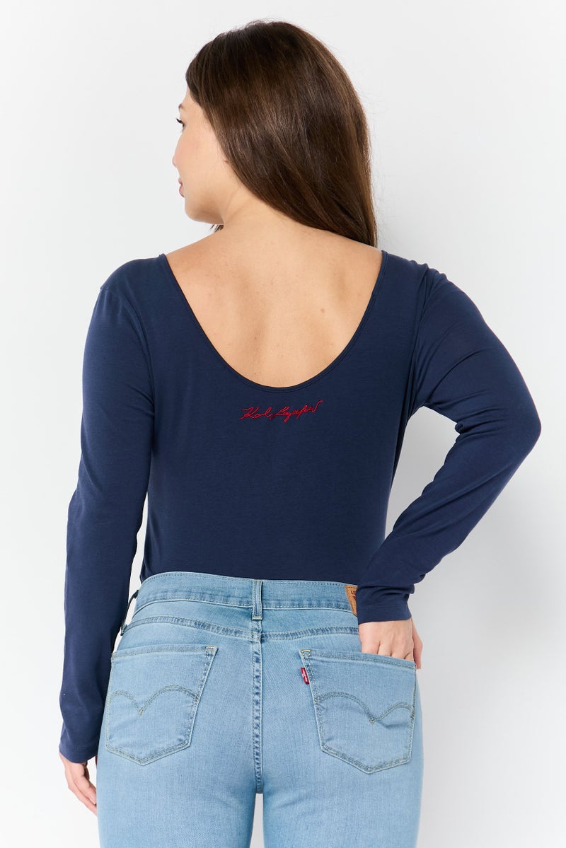 Karl Lagerfeld Women Embroidered Logo Long Sleeve Bodysuit, Navy - Image 4