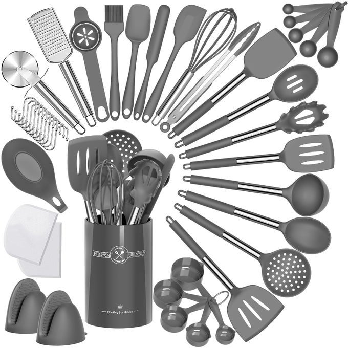 SILICONE KITCHEN COOKING UTENSIL SET 43 PCS SILICONE SPATULA WITH STAINLESS STEEL HANDLE NONSTICK HEAT RESISTANT BEST COOKWARE GREY