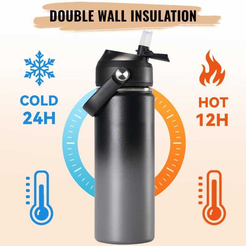 Fijinhom 18oz Insulated Stainless Steel Water Bottle, Wide Mouth Double Wall Vacuum, Silicone Straw, Sweat & Leak Proof, BPA Free Insulated Water Flask for Travel, Keep Cold 24h Hot 12h, Grey - Image 4