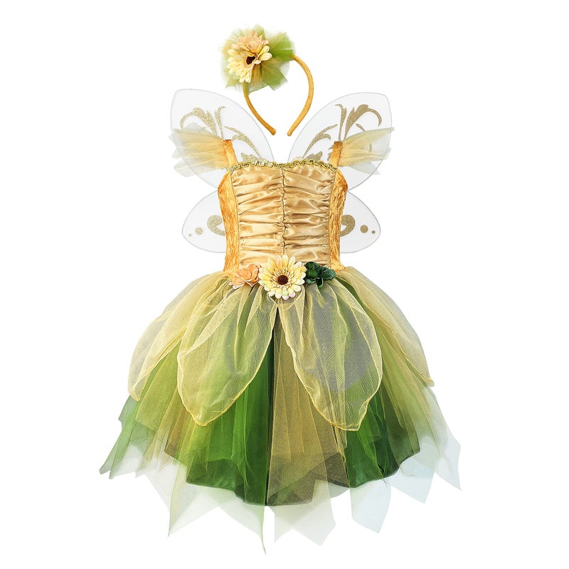 DJDLPARTY Fairy Costume Dress for Girls Green Princess Flower Girl Dress Tutu Dress with Headband and Wings Gold 56 Years - Image 3