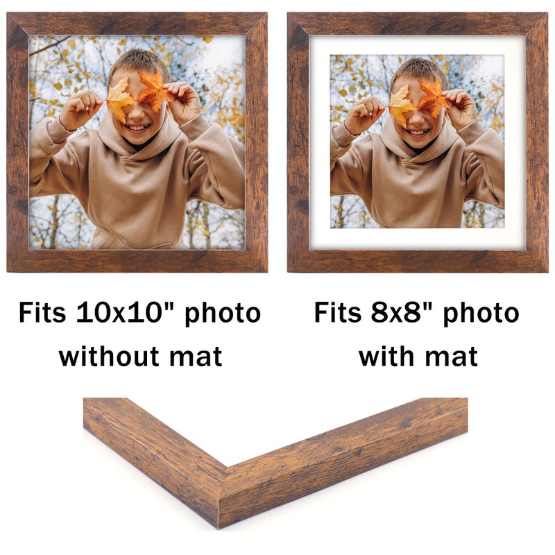NDUFOA 10x10 Picture Frame, Display Photos 8x8 with Mat or 10x10 without Mat, Poster Frame for Wall and Tabletop, Brown - Image 2