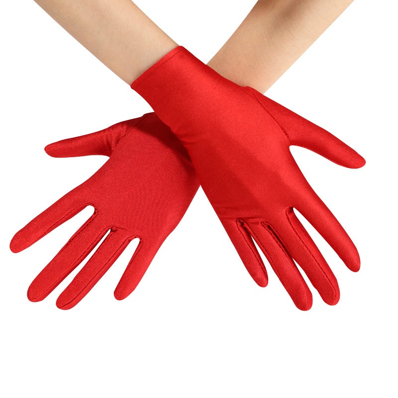 Lansian Women Formal Bridal Short Satin Banquet Party Wedding Red Opera Gloves Wrist Length for Wedding Evening Party (Red) - Image 1