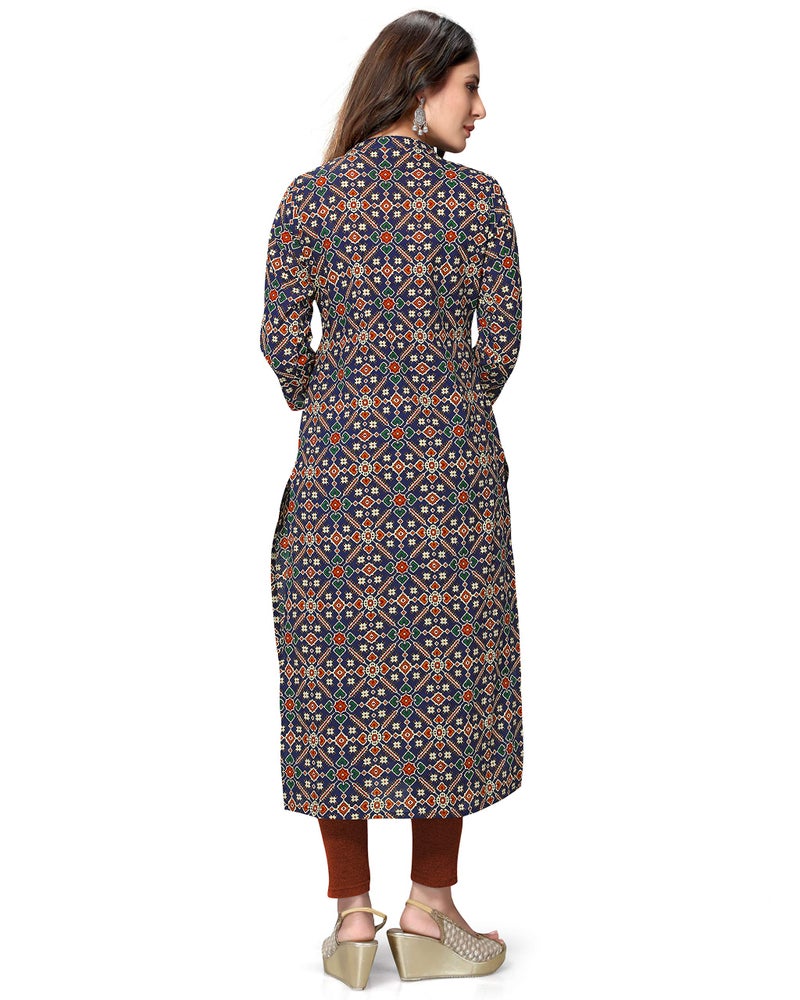 Rajnandini Women's Pure Cambric Cotton Jaipuri Printed Kurti (Jopljpr44-M_Navy Blue & Red_M, Regular Fit) - Image 2