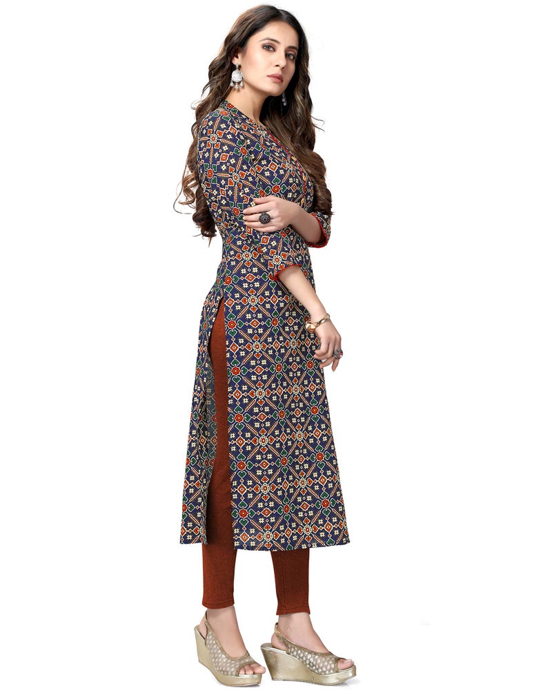 Rajnandini Women's Pure Cambric Cotton Jaipuri Printed Kurti (Jopljpr44-M_Navy Blue & Red_M, Regular Fit) - Image 3