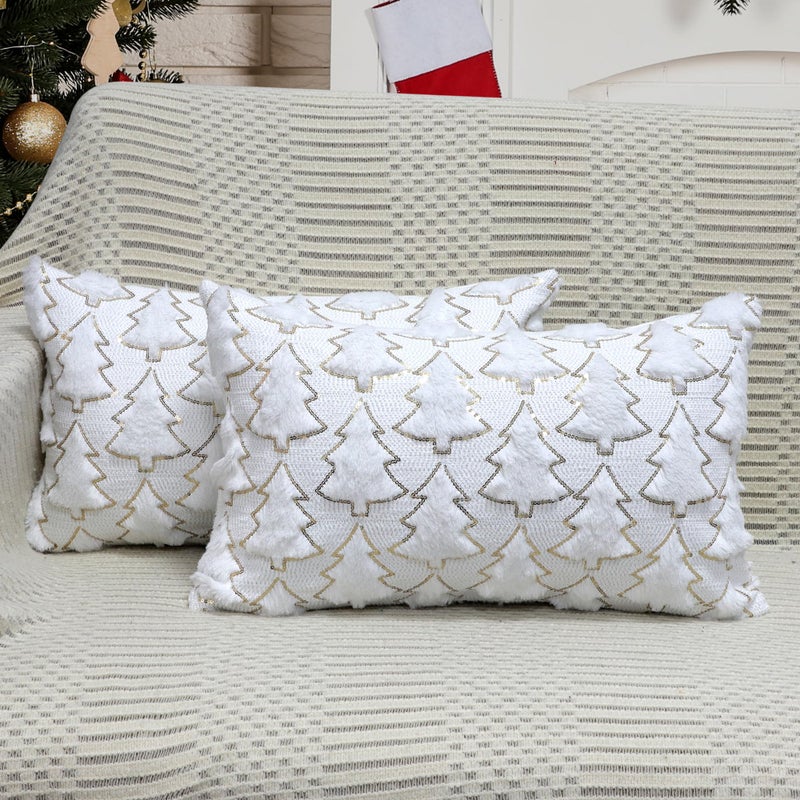 4TH Emotion Christmas Tree Decorative Lumbar Pillow Covers 12x20 Set of 2  White Soft Plush Faux Fur Farmhouse Throw Cushion Cases for Xmas Winter Holiday Home Decorations - Image 1