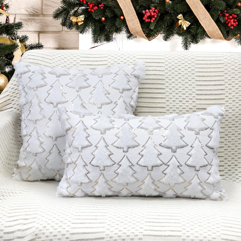 4TH Emotion Christmas Tree Decorative Lumbar Pillow Covers 12x20 Set of 2  White Soft Plush Faux Fur Farmhouse Throw Cushion Cases for Xmas Winter Holiday Home Decorations - Image 4