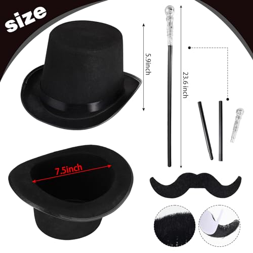 Jadive 6 Pcs 1920s Men Accessories Gentleman Costume Hat Round Head Scepter Magnifying Glass Necklace Bow Tie Gloves Beard (Silver,Stylish Style) - Image 2