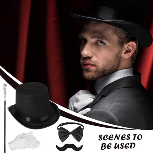 Jadive 6 Pcs 1920s Men Accessories Gentleman Costume Hat Round Head Scepter Magnifying Glass Necklace Bow Tie Gloves Beard (Silver,Stylish Style) - Image 3