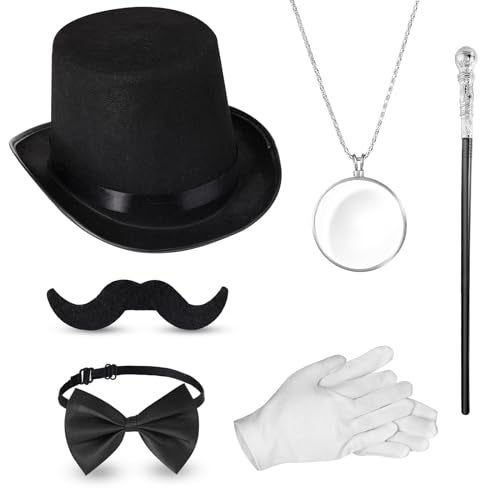 Jadive 6 Pcs 1920s Men Accessories Gentleman Costume Hat Round Head Scepter Magnifying Glass Necklace Bow Tie Gloves Beard (Silver,Stylish Style) - Image 1