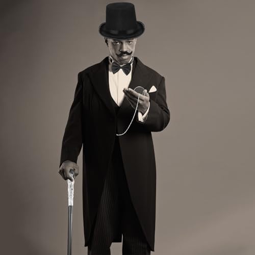 Jadive 6 Pcs 1920s Men Accessories Gentleman Costume Hat Round Head Scepter Magnifying Glass Necklace Bow Tie Gloves Beard (Silver,Stylish Style) - Image 4