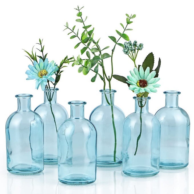 6PACK GLASS BUD VASE APOTHECARY BOTTLE VASE DECORATIVE GLASS BOTTLE FOR WEDDING CENTERPIECE HOME DECOR BLUE