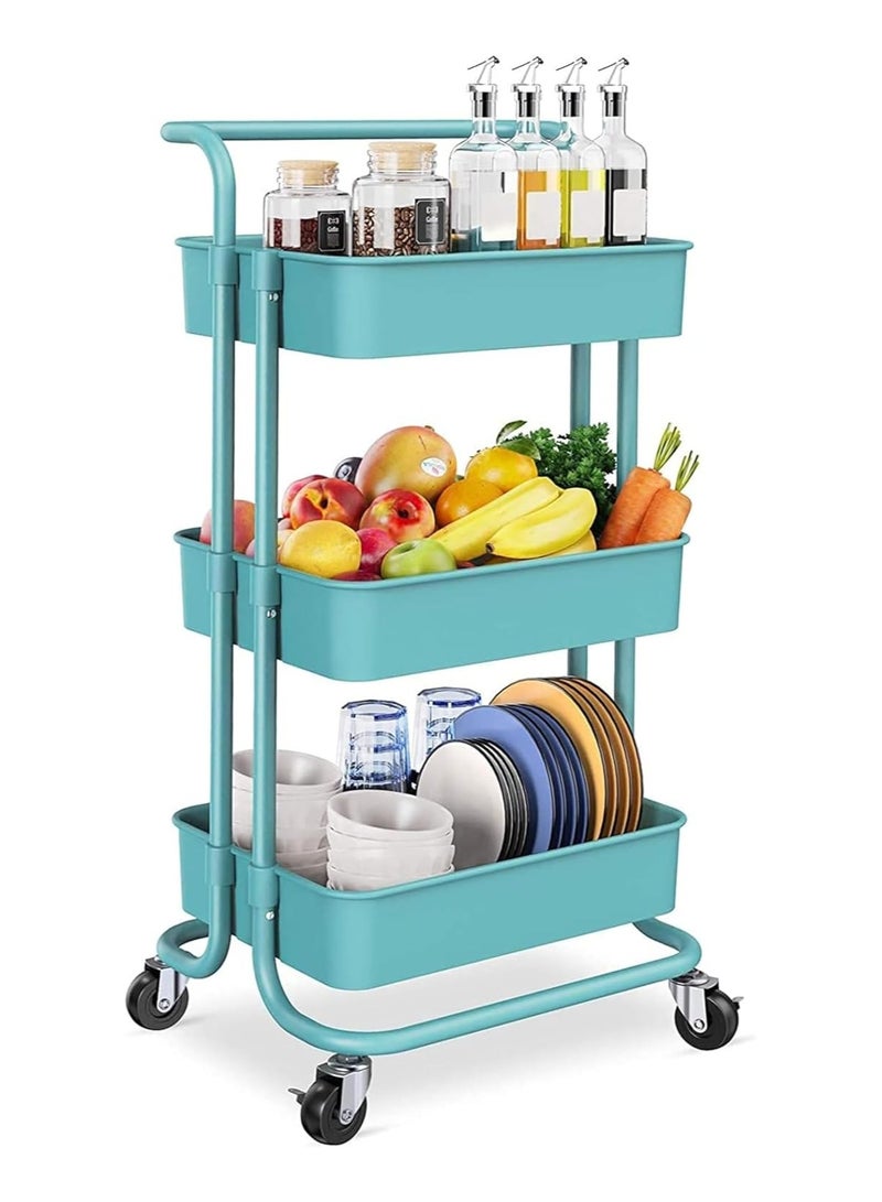 DubaiGallery 3-Tier Rolling Utility Carts Trolley Storage Cart with Handle Multifunctional Organization Cart with Brake Caster Wheels Kitchen Shelf Multifunctional Storage Rack with Net Basket Mass - Image 1
