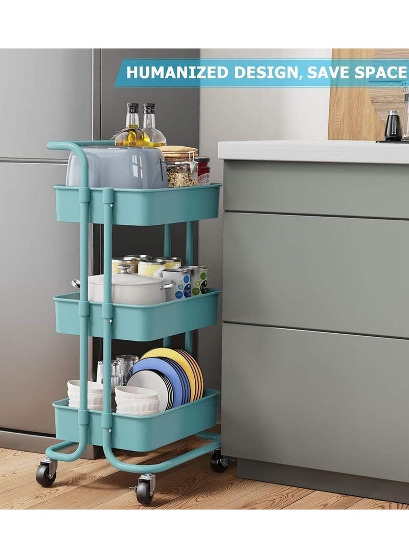 DubaiGallery 3-Tier Rolling Utility Carts Trolley Storage Cart with Handle Multifunctional Organization Cart with Brake Caster Wheels Kitchen Shelf Multifunctional Storage Rack with Net Basket Mass - Image 4