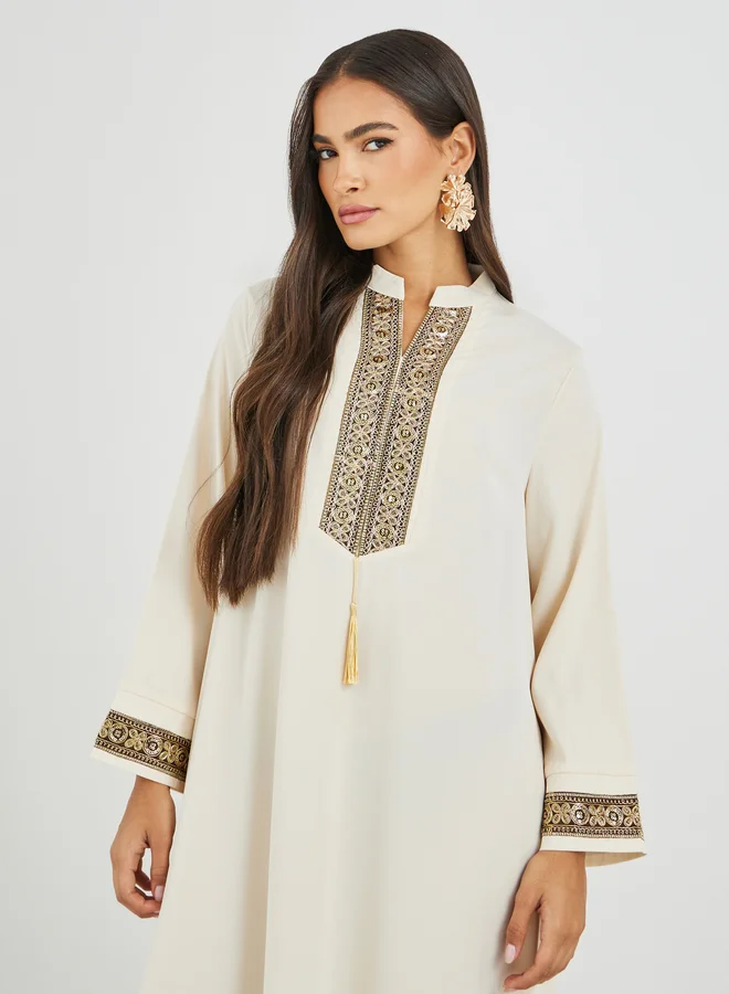 Amirah  Amirah Lace Trim Detail Single Tassel A-Line Jalabiya for Women | Best Price UAE