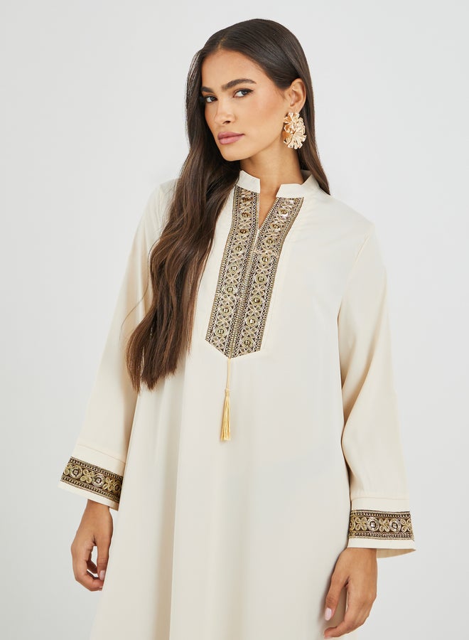 Amirah Lace Trim Detail Single Tassel A-Line Jalabiya - Image 4