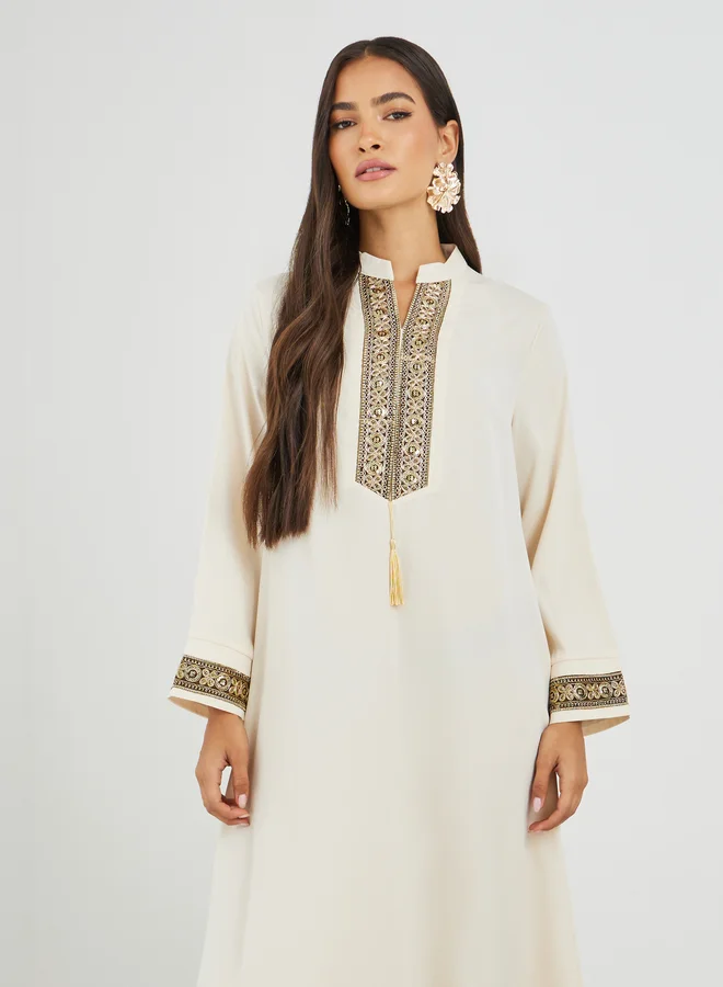Amirah  Amirah Lace Trim Detail Single Tassel A-Line Jalabiya for Women | Best Price UAE