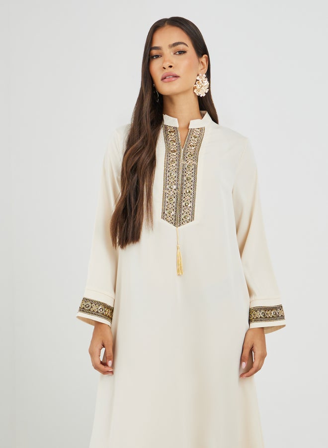 Amirah Lace Trim Detail Single Tassel A-Line Jalabiya - Image 3