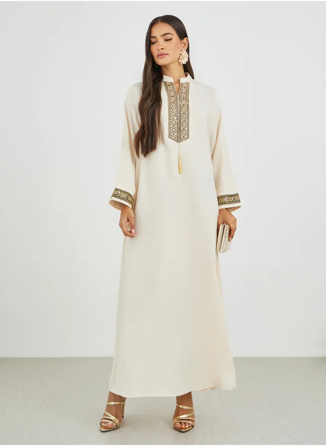 أميرة Amirah Lace Trim Detail Single Tassel A-Line Jalabiya