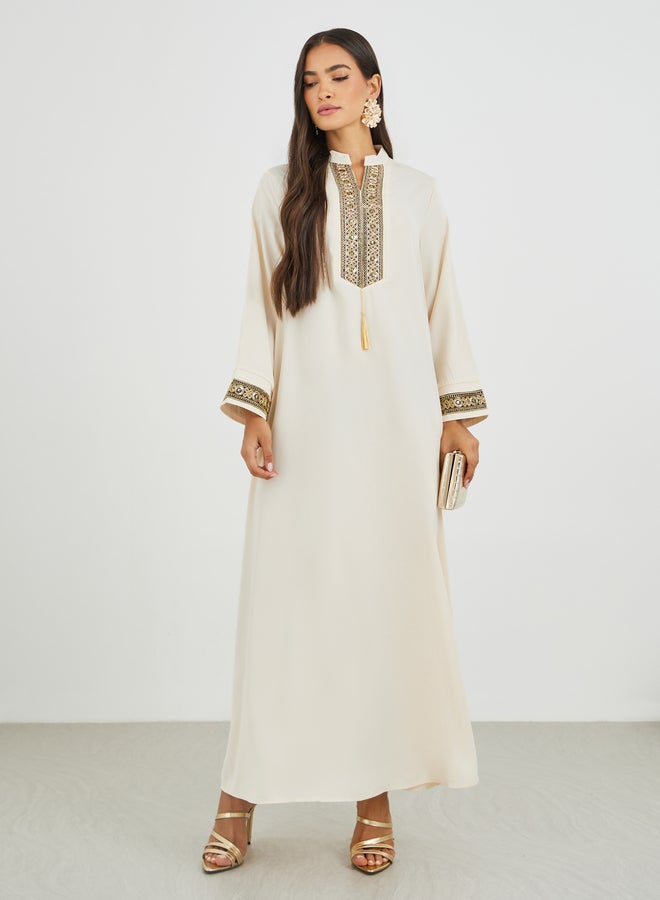 Amirah Lace Trim Detail Single Tassel A-Line Jalabiya - Image 2