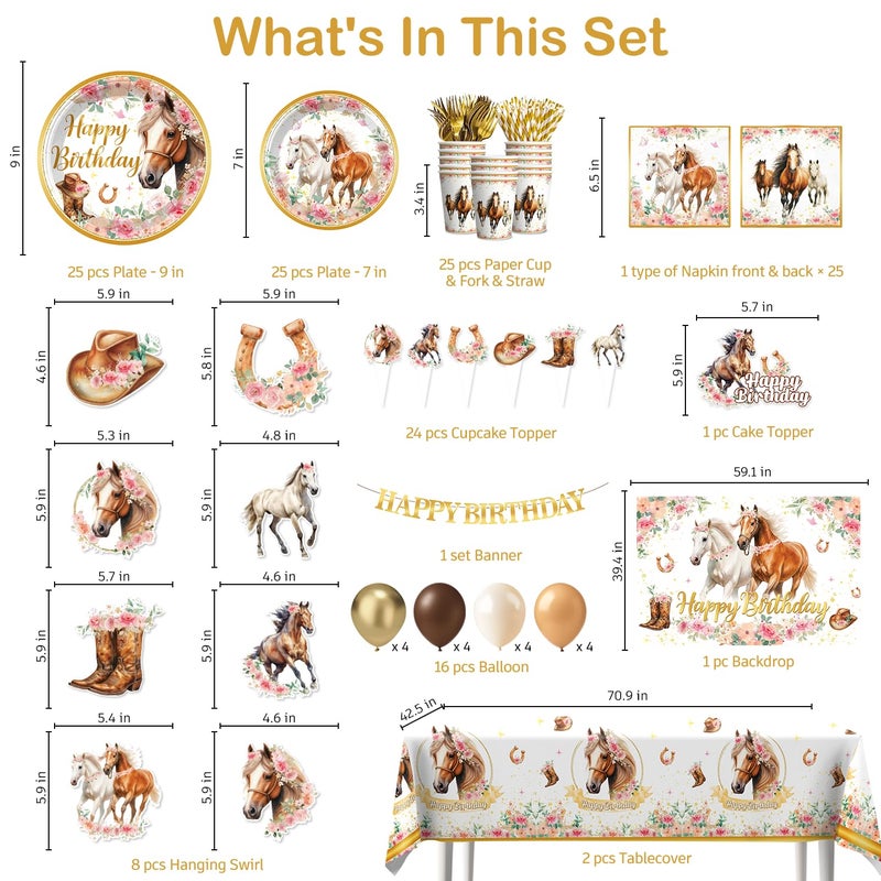 Xynic 211 Pcs Horse Party Decorations, Cowgirl Birthday Party Decorations Includes Plates, Banner, Cups, Napkins, Hanging Swirl, Tablecloth, Horse Birthday Decorations for Girls - Image 2