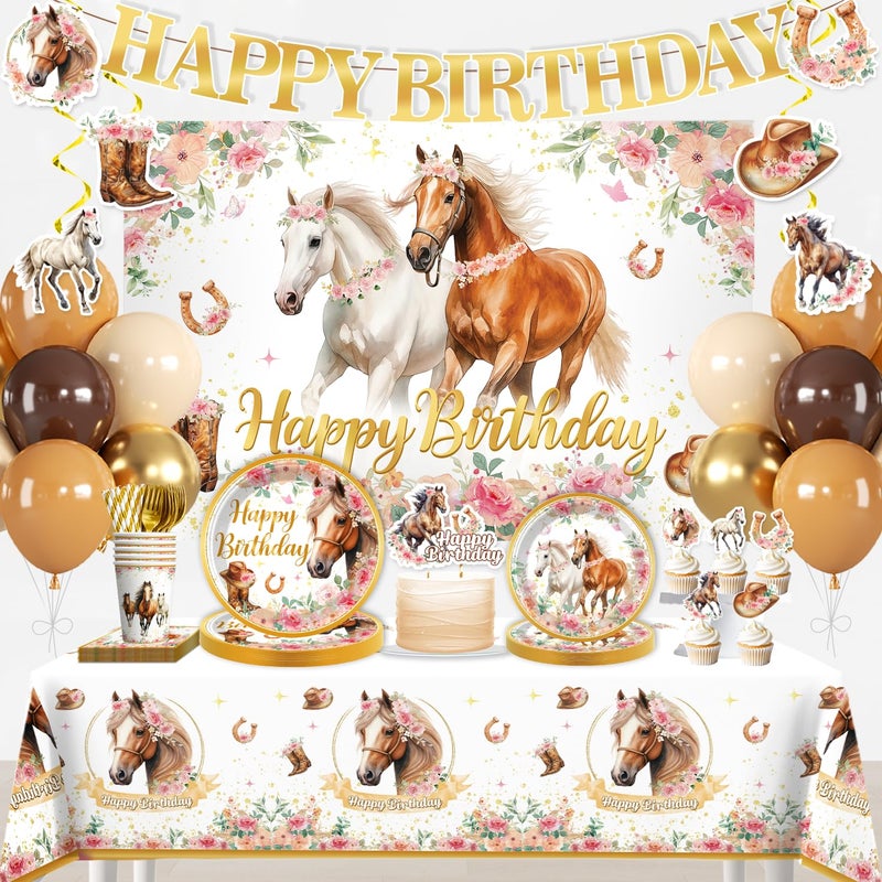 Xynic 211 Pcs Horse Party Decorations, Cowgirl Birthday Party Decorations Includes Plates, Banner, Cups, Napkins, Hanging Swirl, Tablecloth, Horse Birthday Decorations for Girls - Image 1