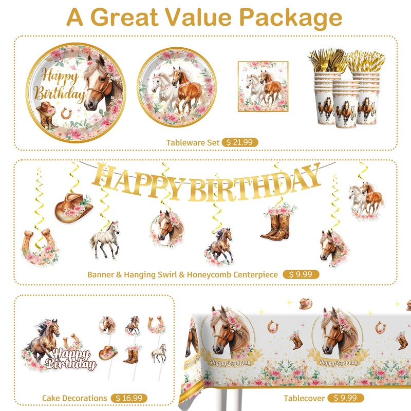 Xynic 211 Pcs Horse Party Decorations, Cowgirl Birthday Party Decorations Includes Plates, Banner, Cups, Napkins, Hanging Swirl, Tablecloth, Horse Birthday Decorations for Girls - Image 3