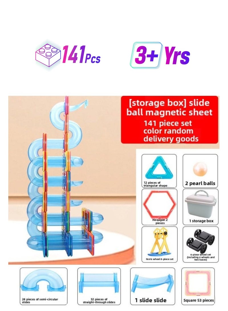Magnetic Slide Building Blocks Variable Ball Matching Toys Children's Diy Early Education Toys 3-year-old Kindergarten-Color:Slide Magnetic Sheet 141 Piece Set [storage Box]]  - Image 1