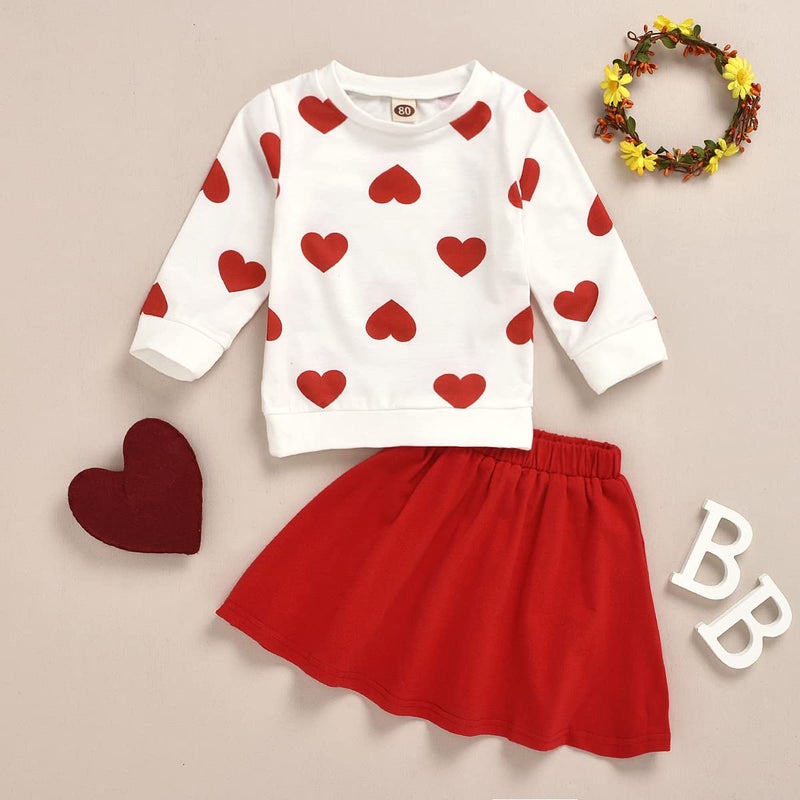 Ptomurs Toddler Baby Girls Valentine Outfits Long Sleeve Heart Print Top + Red Skirt Set (Red, 4-5 Years) - Image 2