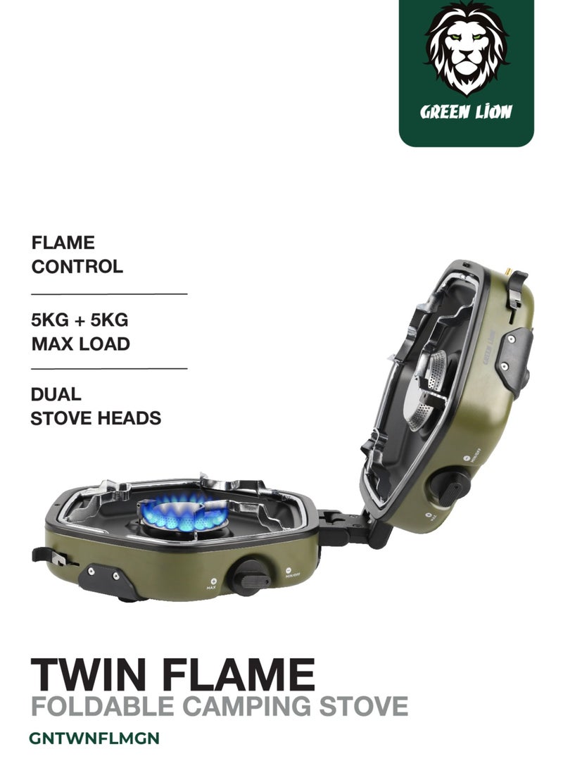 GREEN LION Twin Flame Foldable Camping Stove / Storage Bag Included / Stainless Steel Burner / Piezoelectric Ignition / Heat Resistant Shell / Camping Friendly / Adjustment Knobs / Foldable Design / Non-Slip Rack - Green - Image 1