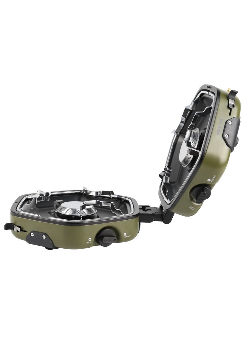 GREEN LION Twin Flame Foldable Camping Stove / Storage Bag Included / Stainless Steel Burner / Piezoelectric Ignition / Heat Resistant Shell / Camping Friendly / Adjustment Knobs / Foldable Design / Non-Slip Rack - Green - Image 2
