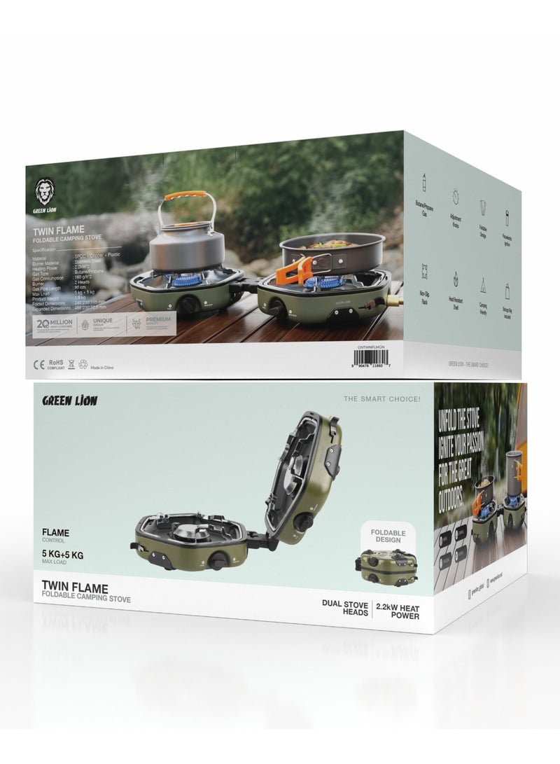 GREEN LION Twin Flame Foldable Camping Stove / Storage Bag Included / Stainless Steel Burner / Piezoelectric Ignition / Heat Resistant Shell / Camping Friendly / Adjustment Knobs / Foldable Design / Non-Slip Rack - Green - Image 4