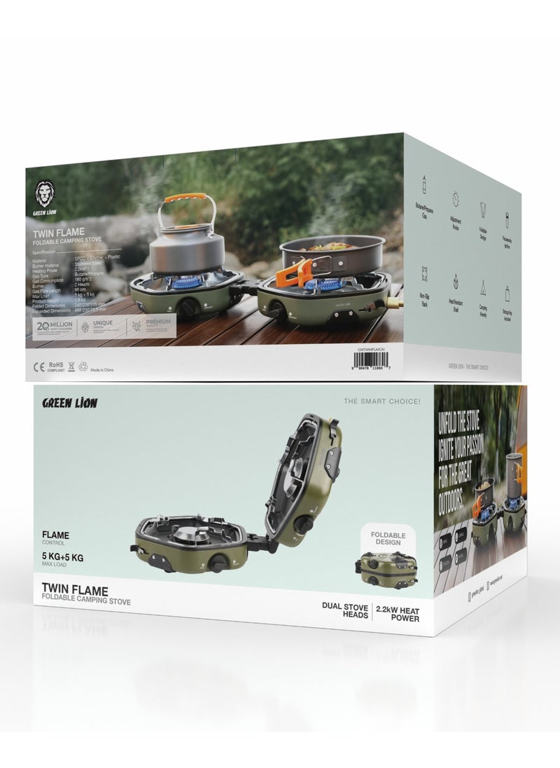 GREEN LION Twin Flame Foldable Camping Stove / Storage Bag Included / Stainless Steel Burner / Piezoelectric Ignition / Heat Resistant Shell / Camping Friendly / Adjustment Knobs / Foldable Design / Non-Slip Rack - Green  - Image 3