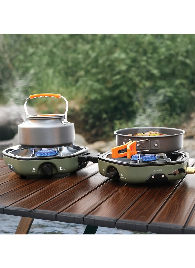 GREEN LION Twin Flame Foldable Camping Stove / Storage Bag Included / Stainless Steel Burner / Piezoelectric Ignition / Heat Resistant Shell / Camping Friendly / Adjustment Knobs / Foldable Design / Non-Slip Rack - Green  - Image 2