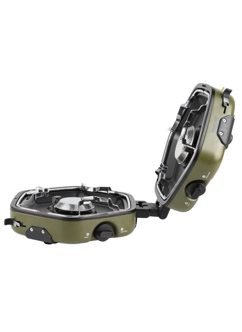 GREEN LION Twin Flame Foldable Camping Stove / Storage Bag Included / Stainless Steel Burner / Piezoelectric Ignition / Heat Resistant Shell / Camping Friendly / Adjustment Knobs / Foldable Design / Non-Slip Rack - Green  - Image 1