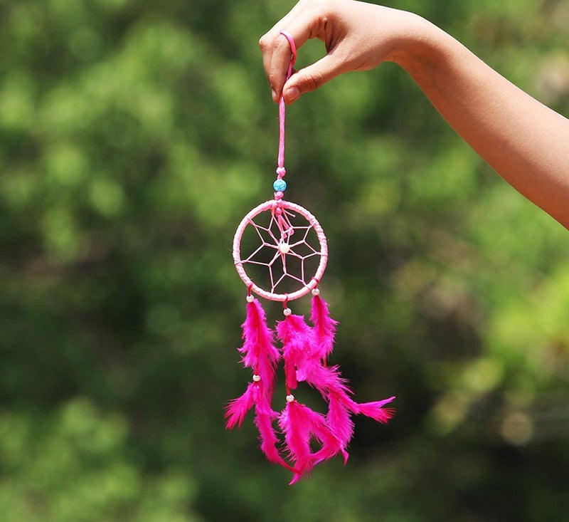 SoilMade Pink Car Dream Catcher, Round Shape, Feather and Metal Made, Size Aprox 5inches and 25g, Pack of 1 Car Dream Catcher in Box - Image 4