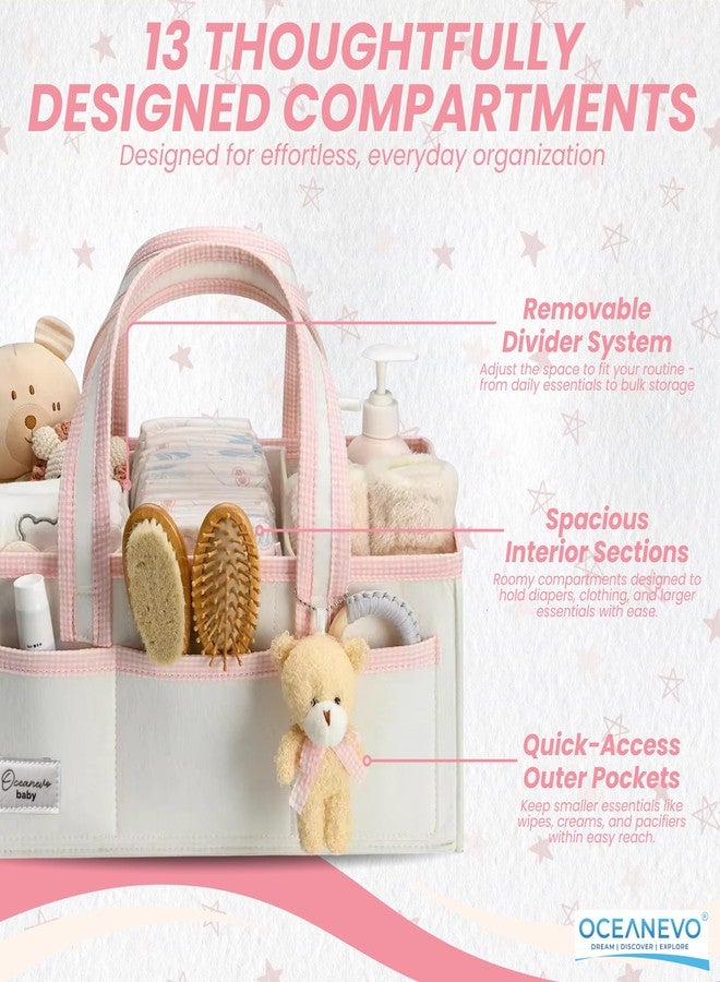 OCEANEVO Cute Felt Diaper Caddy Organiser Bag WITH Luggage Tag AND Bear Charm, Baby Basket for New Born Baby Essential Products with Compartments and Handle - 41 x 25 x 18 Cm - Pink - 1 Year Warranty - Image 3
