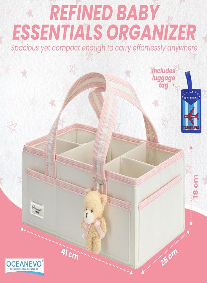 OCEANEVO Cute Felt Diaper Caddy Organiser Bag WITH Luggage Tag AND Bear Charm, Baby Basket for New Born Baby Essential Products with Compartments and Handle - 41 x 25 x 18 Cm - Pink - 1 Year Warranty - Image 2